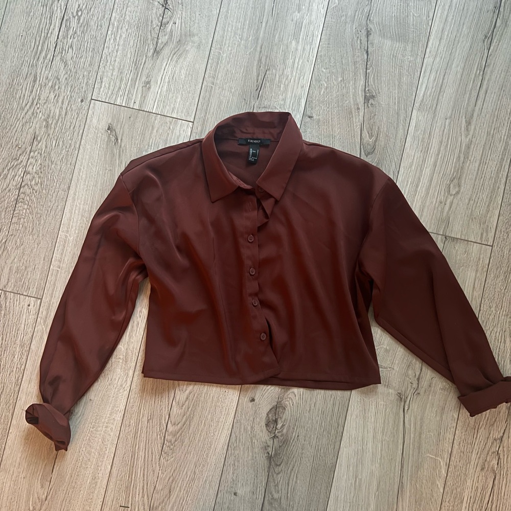 Forever21 Brown Cropped Button-Up Silk Blouse